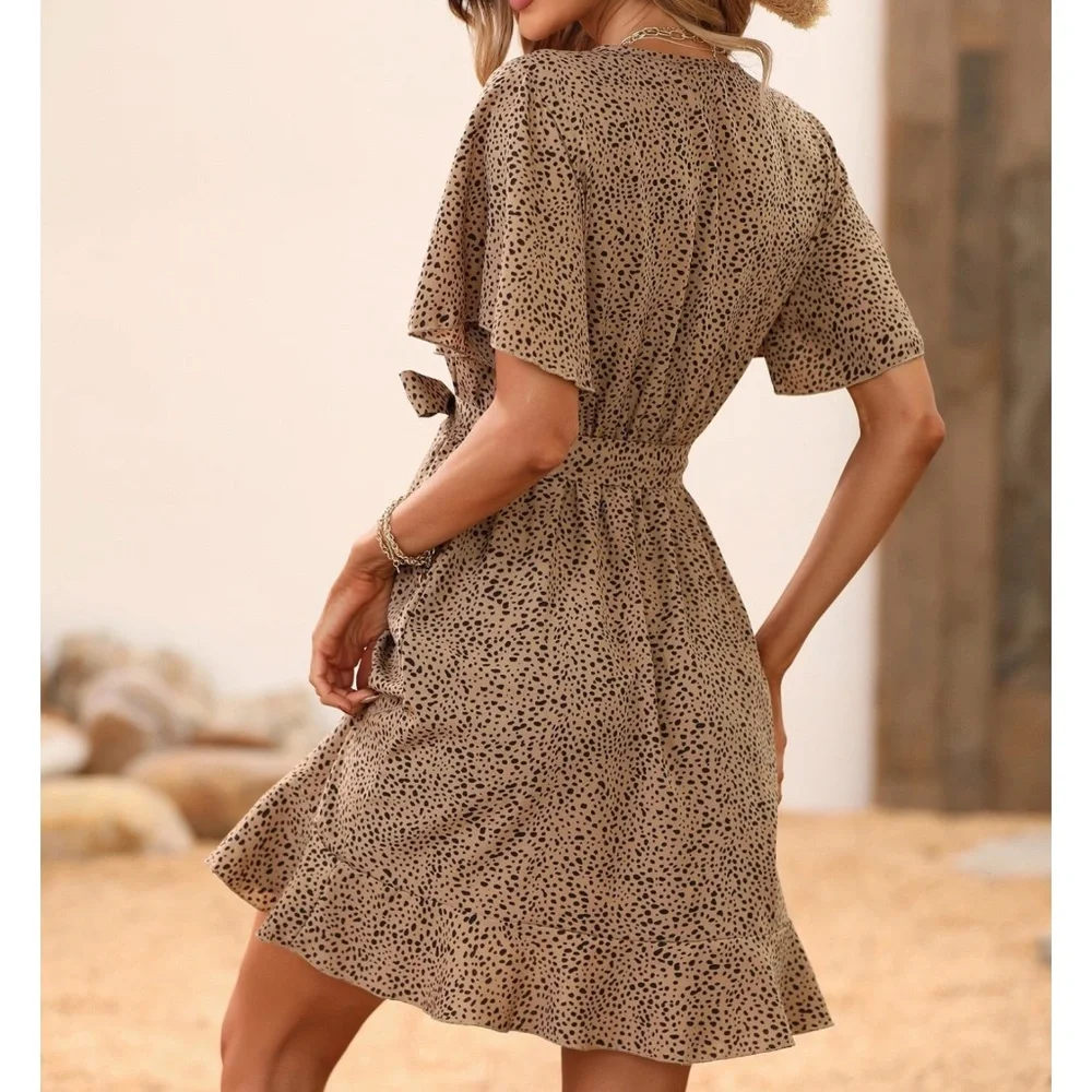 Leopard Print Butterfly Sleeve Belted Mini Dress - Picture 3 of 8
